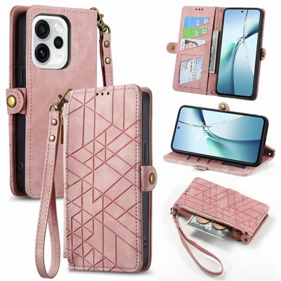 Case For Oppo Reno15 Pro 5G (Global)  /  Reno15 5G (China) Zipper Wallet Geometry Lines Leather Phone Cover with Strap - Pink