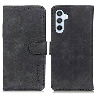 KHAZNEH For Samsung Galaxy A54 5G Magnetic Clasp PU Leather Retro Texture Phone Cover Folio Flip Wallet Stand Case - Black