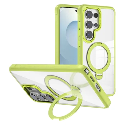 Bulk Purchasing for Samsung Galaxy S25 Ultra Magnetic Case Transparent Shockproof Anti-fingerprint TPU PC Cover with 360° Rotating Kickstand - Green