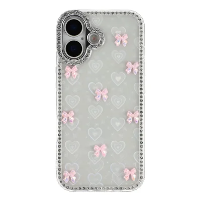 For iPhone 17 Case Rhinestone Aurora Butterfly Bow Glitter TPU + PC IMD Phone Cover - Heart Transparent