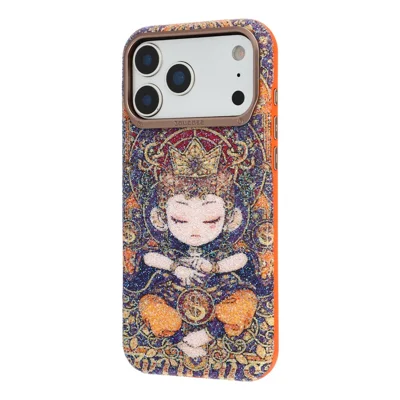 JAUCASE for iPhone 17 Pro Magnetic Case Glitter Buddha Pattern Shockproof TPU PC Cover - Orange
