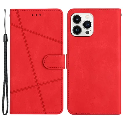 Wallet Phone Case for iPhone 13 Pro 6.1 inch Lines Imprinted Anti-Drop Stand Case Crazy Horse Texture PU Leather Cover with Strap - Red
