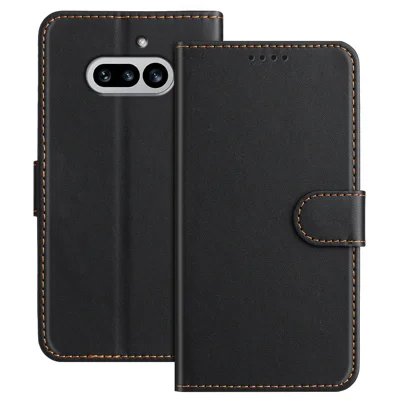 Étui portefeuille en cuir pour Nothing Phone (4a) avec support, couleur unie, anti-chute - Noir