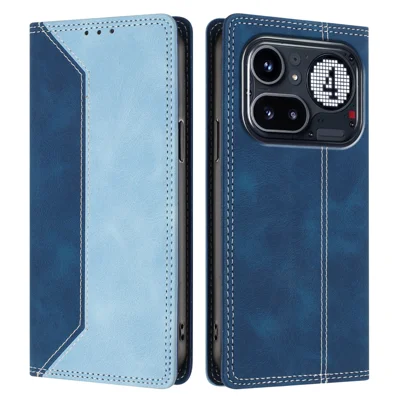 Für Nothing Phone (4a) Pro Leder-Case Hautgefühl Farb-Zusammenstellung RFID-Sperrung Brieftasche Ständer Handyhülle - Dunkelblau / Blau