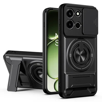 Funda magnética para OnePlus Nord 6 5G con soporte de anillo, soporte plegable, carcasa de teléfono TPU y PC con obturador de lente de cámara - Negro