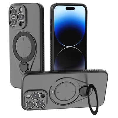 For iPhone 15 Pro Max Magnetic Case Rotating Kickstand TPU PC Phone Cover - Black