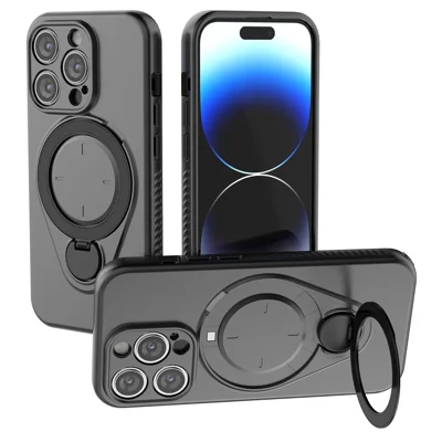For iPhone 14 Pro Magnetic Case Rotating Kickstand TPU PC Phone Cover - Black