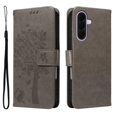 For Samsung Galaxy A27 5G Phone Case with Stand Cat Tree Pattern Leather Wallet Mobile Cover - Grey