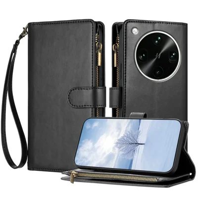 Funda de Cuero para Oppo Find X9 Ultra 5G con Soporte, Billetera con Cremallera, Protectora con Correa de Muñeca - Negro