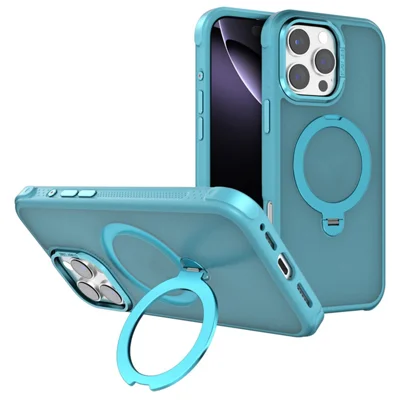 Coque semi-transparente pour iPhone 16 Pro, dos mat aspect peau douce, étui TPU PC avec support pivotant magnétique 360° - Bleu Lac