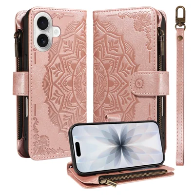 For iPhone 17 Wallet Case 9 Card Slots RFID Blocking Mandala Embossed Leather Flip Cover with Wrist Strap - Rose Gold