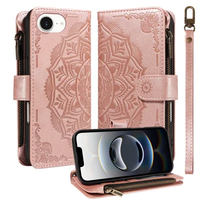 Etui portfelowe na iPhone 16e / iPhone 17e, etui z wytłaczanym wzorem mandali, skórzane etui typu flip z 9 przegródkami na karty, kieszenią na monety z zamkiem, funkcją blokowania RFID i rzemieniem na nadgarstek – różowe złoto