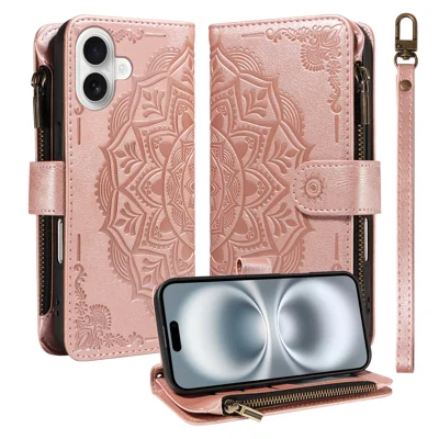 For iPhone 16 Wallet Case 9 Card Slots RFID Blocking Mandala Embossed Leather Flip Cover with Wrist Strap - Rose Gold
