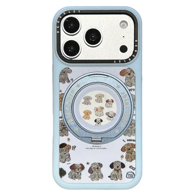 For iPhone 17 Pro Mobile Phone Case Cartoon Dog Pattern PC Protective Cover with 360° Rotating Kickstand - Blue