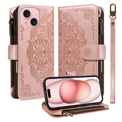 For iPhone 15 Wallet Case 9 Card Slots RFID Blocking Mandala Embossed Leather Flip Cover with Wrist Strap - Rose Gold