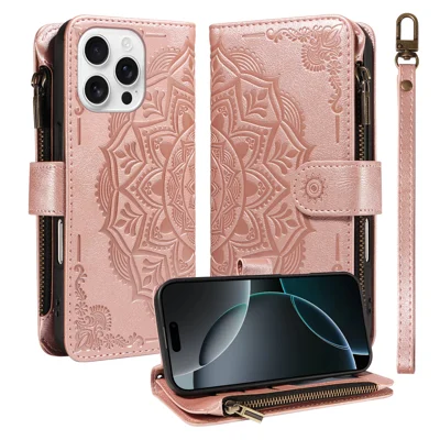 For iPhone 16 Pro Wallet Case 9 Card Slots RFID Blocking Mandala Embossed Leather Flip Cover with Wrist Strap - Rose Gold