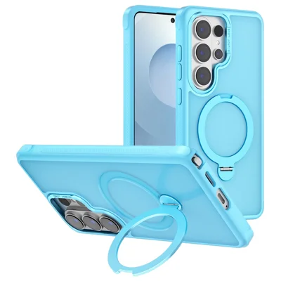 Bulk Purchasing for Samsung Galaxy S25 Ultra Semi-transparent Frosted Back Cover Skin-friendly TPU PC Case with 360° Magnetic Rotating Kickstand - Lake Blue