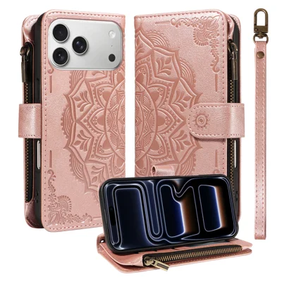 Voor iPhone 17 Pro Max 9 Kaarthouders RFID-blokkering Portemonnee-hoes Mandala Relief Leer Flip Cover met Polsriem - Roze Goud