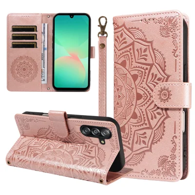 For Samsung Galaxy A18 5G / A18 4G A17 5G / A17 4G / A26 5G / A16 5G / A16 4G  Wallet Case Embossed Mandala Pattern PU Leather + TPU Cover with Wrist Strap - Rose Gold