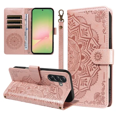  For Samsung Galaxy M56 5G / Galaxy A56 5G Wallet Case Embossed Mandala Pattern PU Leather + TPU Cover with Wrist Strap - Rose Gold