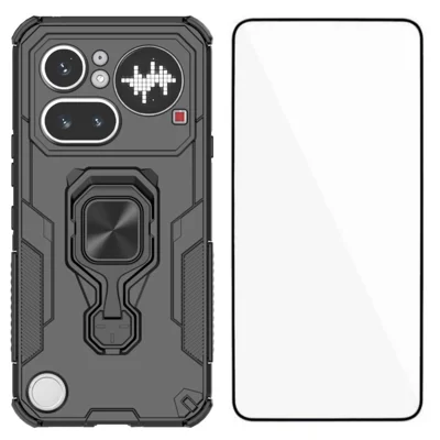  WANLONFENG for Nothing Phone (4a) Pro Phone Case  PC TPU Back Cover Kickstand with Tempered Glass - Black