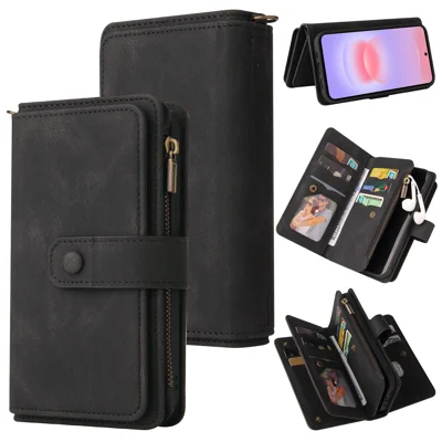 For Samsung Galaxy A27 5G Zipper Wallet Case with 15 Card Slots and Strap Leather Phone Cover - Black