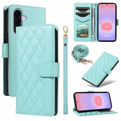 For Samsung Galaxy A27 5G Wallet Case Rhombus Leather Phone Cover with Strap - Green