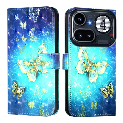 Funda de Cuero para Nothing Phone (4a) Pro con Patrón de Mariposas Doradas, Cartera con Soporte y Correa