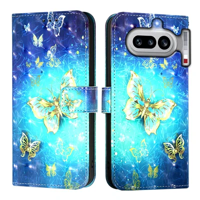Étui en cuir pour Nothing Phone (4a) avec impression de motif, étui portefeuille avec support et sangle - Papillons dorés