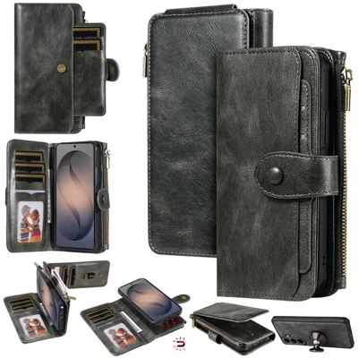  For Samsung Galaxy S26+ Phone Case PU Leather Zipper Wallet Detachable Cover - Green
