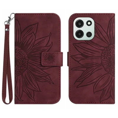 Funda para OnePlus Nord 6 5G con estampado de girasol, funda de cuero estilo cartera con correa para muñeca - rojo vino