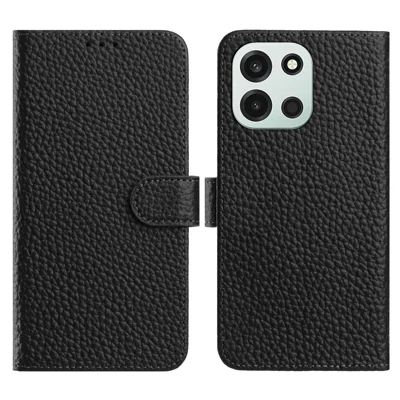Funda para OnePlus Nord 6 5G con Cartera y Soporte, Funda Abatible de Cuero Auténtico de Vaca con Textura de Lichi - Negro