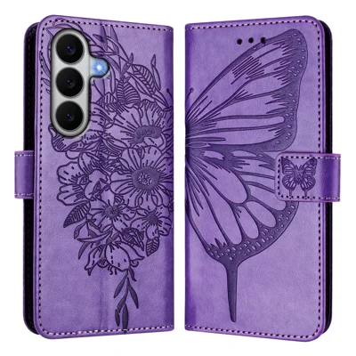 For Samsung Galaxy A27 5G Wallet Case with Wrist Strap Butterfly Imprint Leather Phone Cover - Light Purple