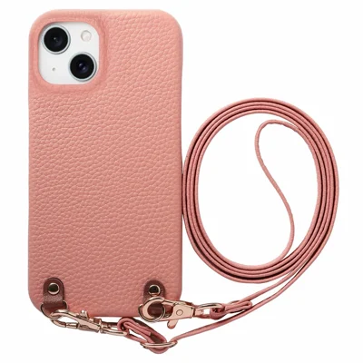 Großpackung für iPhone 14 Litschi-Muster Hülle mit 130 cm Umhängeband stoßfest PC PU Lederhülle - Rosa