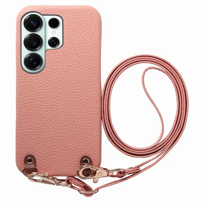Bulk Purchasing For Samsung Galaxy S24 Ultra Litchi Pattern Case with 130cm Lanyard Shockproof PC PU Leather Cover - Pink