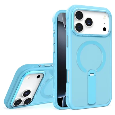 Bulk Purchasing for iPhone 17 Pro Max Magnetic Case Skin-friendly Anti-Shock TPU PC Protective Cover with Standing Kickstand - Lake Blue
