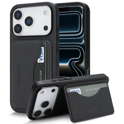 HGUANCASE For iPhone 18 Pro Max / 17 Pro Max Case Vintage Leather TPU Phone Cover with Magnetic Card Holder Kickstand - Black