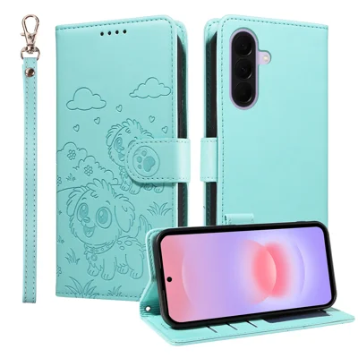 For Samsung Galaxy A27 5G Case RFID Blocking Imprinted Dog Pattern PU Leather Phone Cover with Wrist Strap - Green
