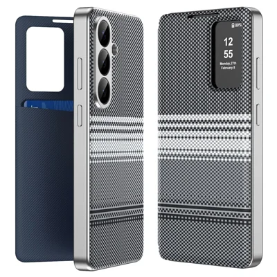 Cover per Samsung Galaxy A57 5G con Finestra Visuale, Slot per Carte, Design Gradiente e Motivo a Scacchi in Pelle - Nero