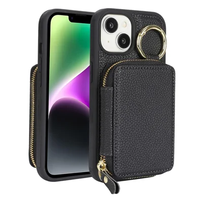 For iPhone 14 / 13 Zipper Wallet Case Litchi Texture Leather Back Phone Cover with Metal Ring Holder - Black