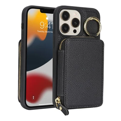 For iPhone 12 Pro Max  /  13 Pro Max Zipper Wallet Case Litchi Texture Leather Back Phone Cover with Metal Ring Holder - Black