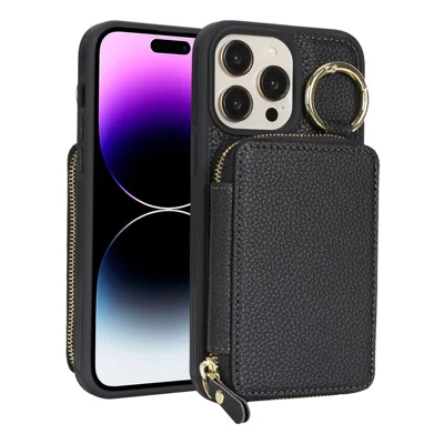 Coque portefeuille avec fermeture à glissière pour iPhone 14 Pro Max, housse arrière en cuir texturé type lychee avec support d'anneau métallique - Noir