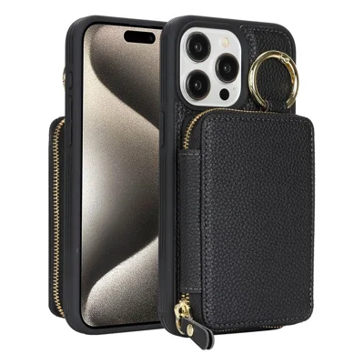 For iPhone 15 Pro Max Zipper Wallet Case Litchi Texture Leather Back Phone Cover with Metal Ring Holder - Black