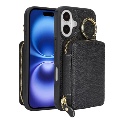 For iPhone 16 Zipper Wallet Case Litchi Texture Leather Back Phone Cover with Metal Ring Holder - Black