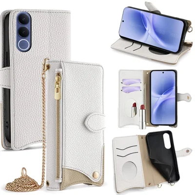 Capa Carteira em Pele para vivo V70 FE 5G com Suporte e Alça em Corrente, Estilo Cauda Irregular - Branco