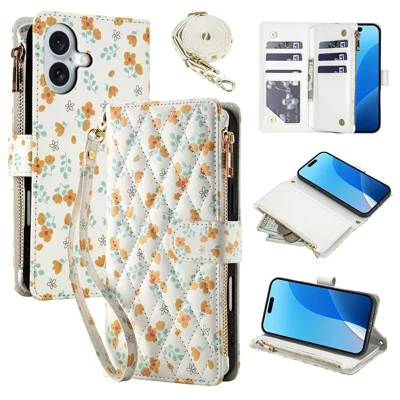 For iPhone 16 Plus Leather Case with Wrist Strap   /   Shoulder Strap Rhombic Floral Pattern Zipper Wallet Phone Cover - A3