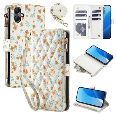 Leather Case For Samsung Galaxy A08 5G / A08 4G / A07 5G / A07 4G / A06 5G / A06 4G Rhombic Floral Pattern Zipper Wallet Phone Cover with Wrist Strap   /   Shoulder Strap - A3
