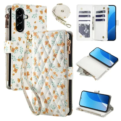 Lederen Hoesje voor Samsung Galaxy A37 5G / A36 5G / A56 5G Ruitvormig Bloemenpatroon met Rits Wallettelefoonhoes met Polsband / Schouderband - A3
