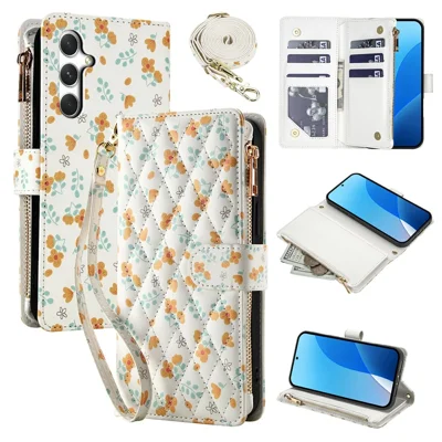 Leather Case For Samsung Galaxy A16 5G  /  4G Rhombic Floral Pattern Zipper Wallet Phone Cover with Wrist Strap   /   Shoulder Strap - A3
