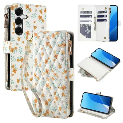 Leather Case For Samsung Galaxy S25+  /  S24+ Rhombic Floral Pattern Zipper Wallet Phone Cover with Wrist Strap   /   Shoulder Strap - A3